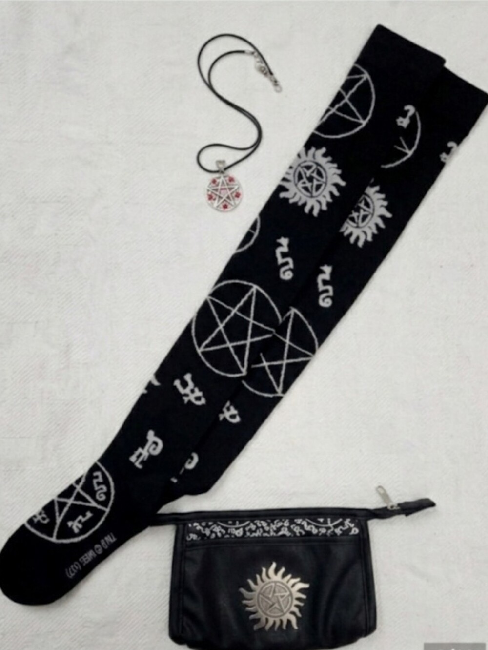 Supernatural Anti-Possession Set: Zipper Pouch Bag, Necklace & Socks Bundle